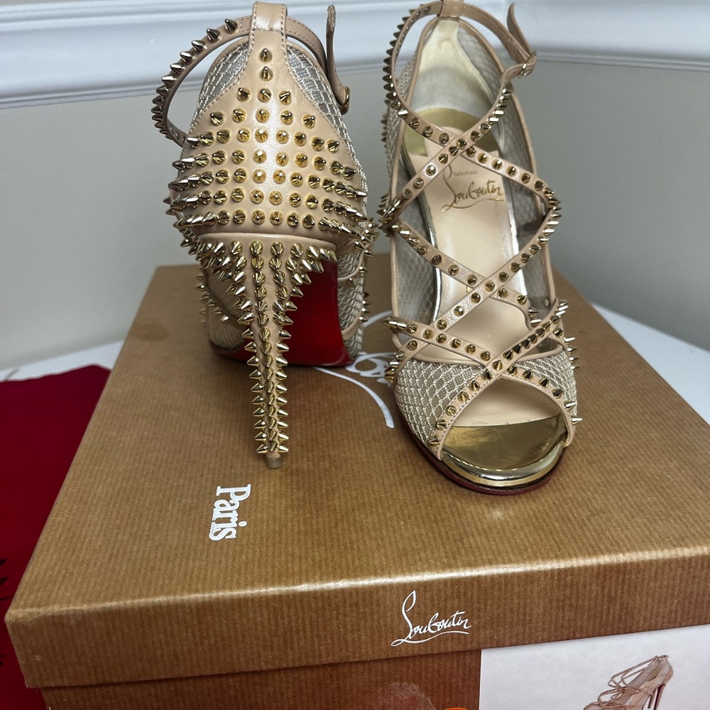 Christian Louboutin Alarc 100 Gold Spiked Heels size 35.5